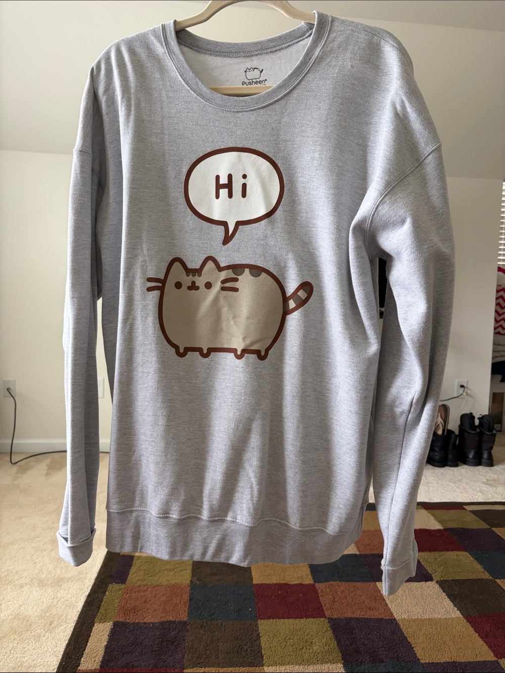 Pusheen Gray Sweatshirt with Tan Pusheen Cat and Brown Outline